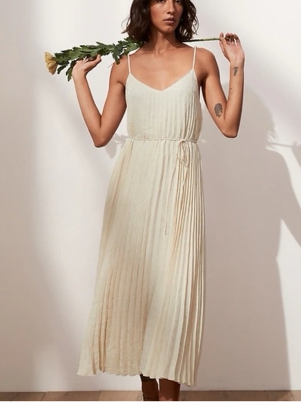 Banana Republic Cream Pleated Maxi Dress with Drawstring